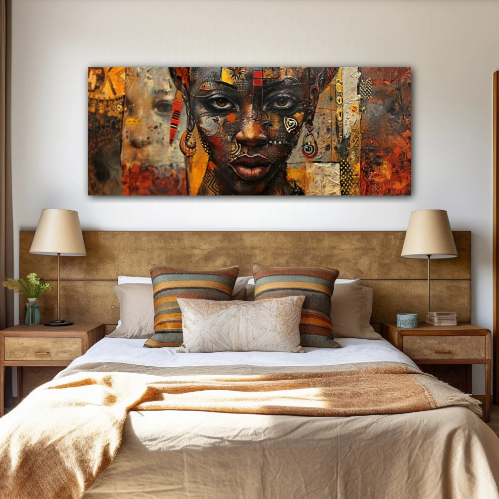 Cuadro cánticos de la piel en formato apaisado con colores marrón, mostaza; decorando pared de habitación dormitorio