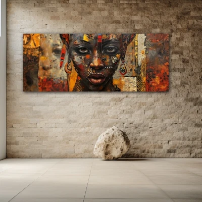 Wall Art titled: Songs of the Skin in a Elongated format with: Brown, and Mustard Colors; Decoration the Stone Walls wall