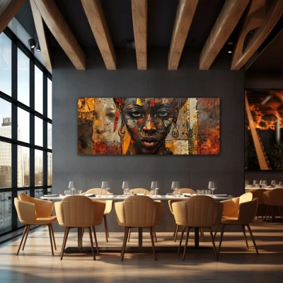 Wall Art titled: Songs of the Skin in a Elongated format with: Brown, and Mustard Colors; Decoration the Restaurant wall