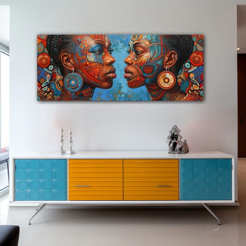 Cuadro retrato del alma tribal en formato apaisado con colores azul, marrón; decorando pared de aparador