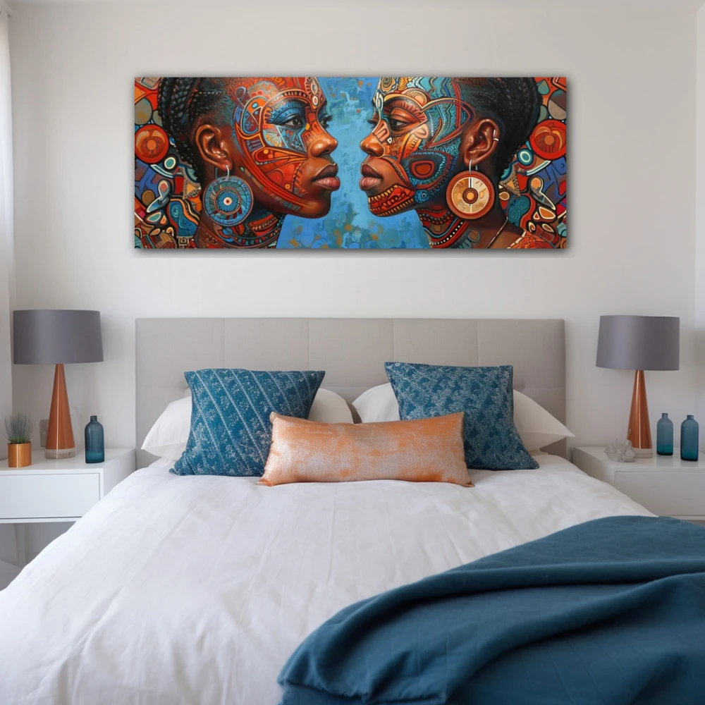 Cuadro retrato del alma tribal en formato apaisado con colores azul, marrón; decorando pared de habitación dormitorio