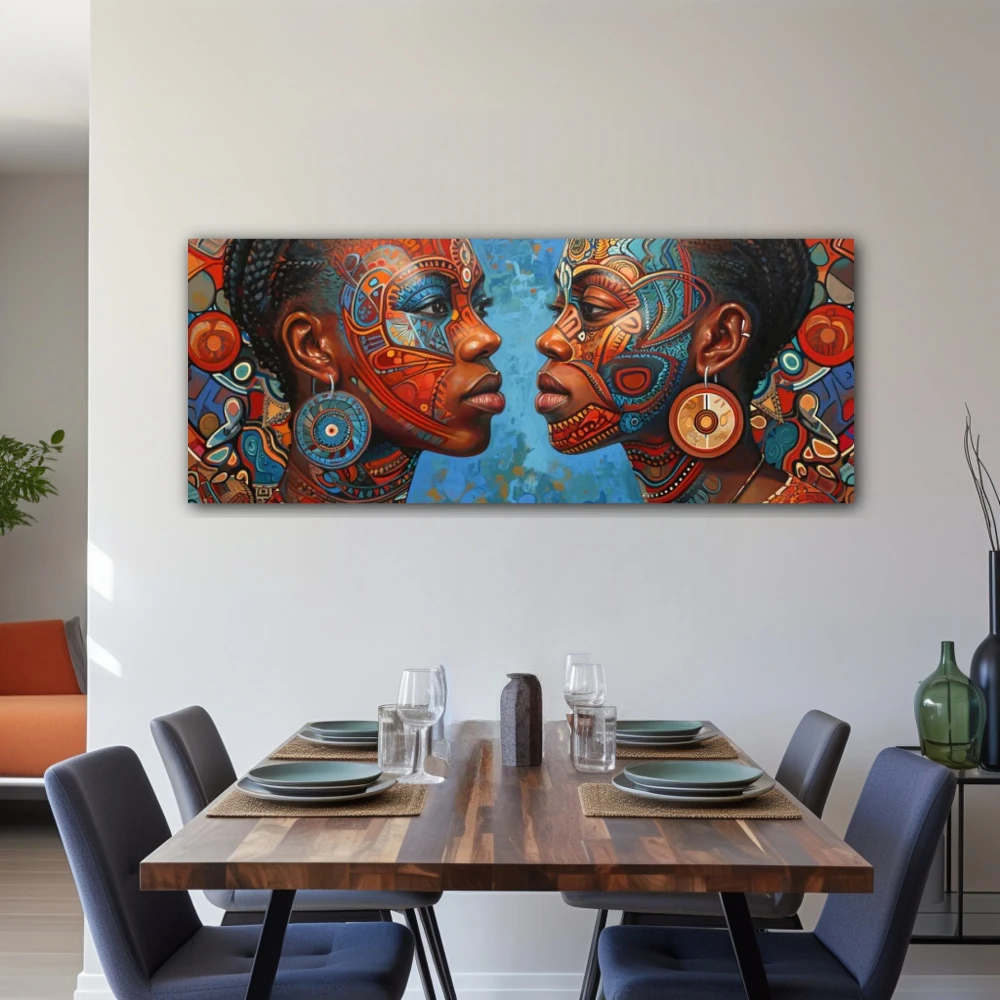Cuadro retrato del alma tribal en formato apaisado con colores azul, marrón; decorando pared de salón comedor