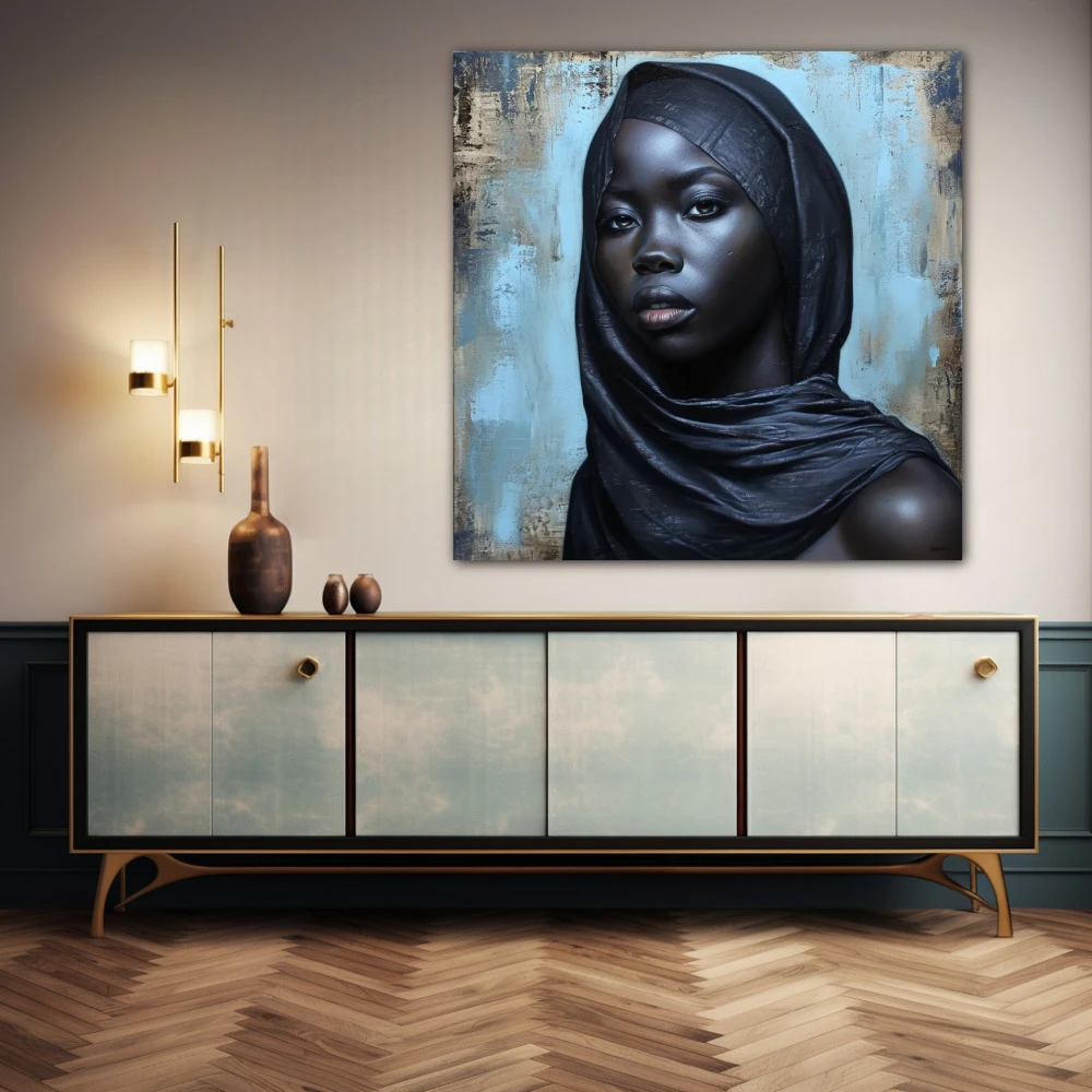 Wall Art titled: Veil of Mystery and Resilience in a Square format with: Blue, Sky blue, and Black Colors; Decoration the Sideboard wall
