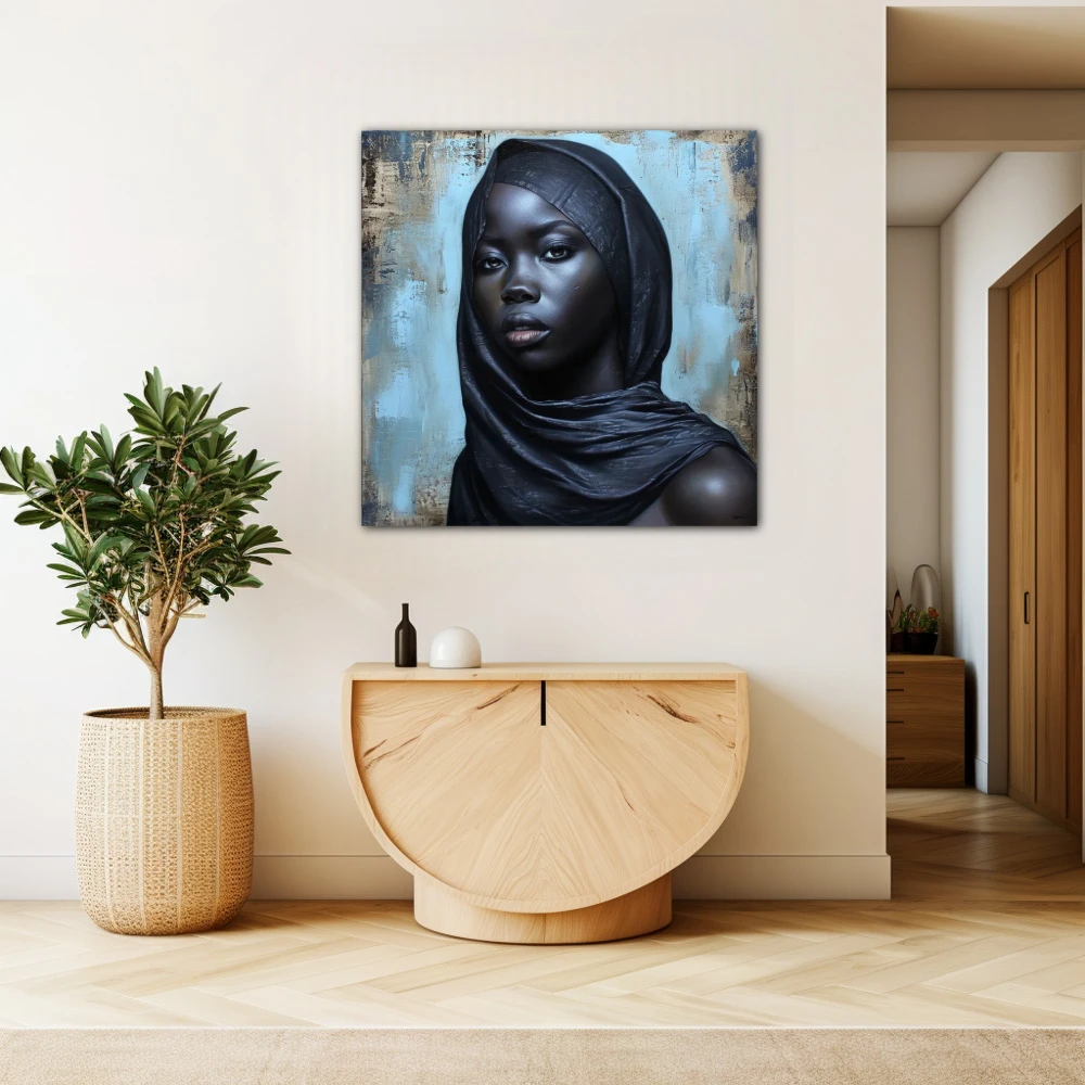 Wall Art titled: Veil of Mystery and Resilience in a Square format with: Blue, Sky blue, and Black Colors; Decoration the Beige Wall wall