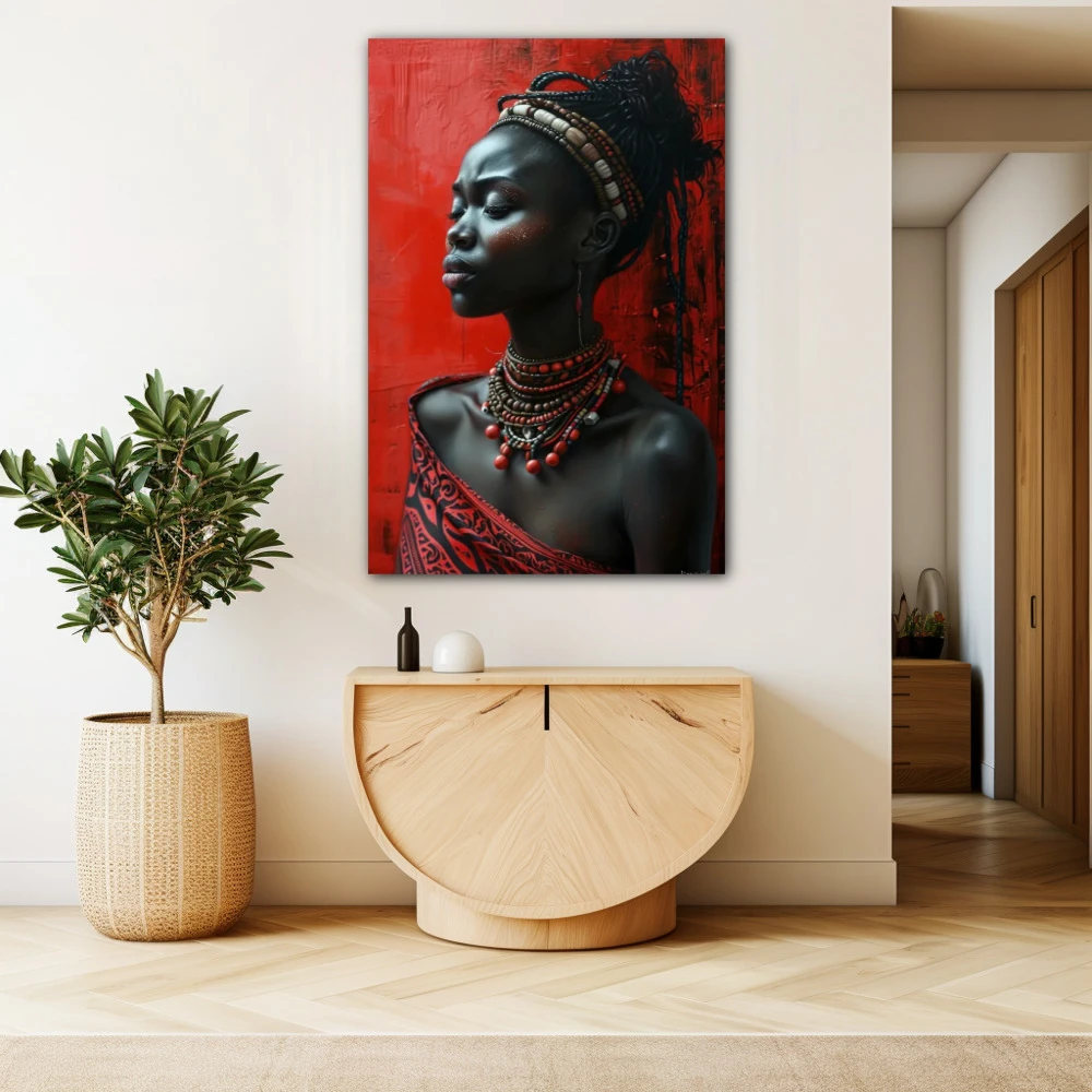 Cuadro espíritu de sankofa en formato vertical con colores negro, rojo; decorando pared beige