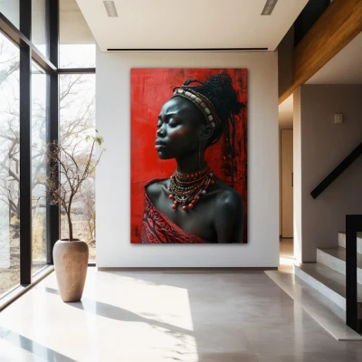 Wall Art titled: Spirit of Sankofa in a Vertical format with: Black, and Red Colors; Decoration the Entryway wall