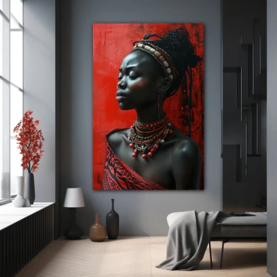 Wall Art titled: Spirit of Sankofa in a Vertical format with: Black, and Red Colors; Decoration the Grey Walls wall