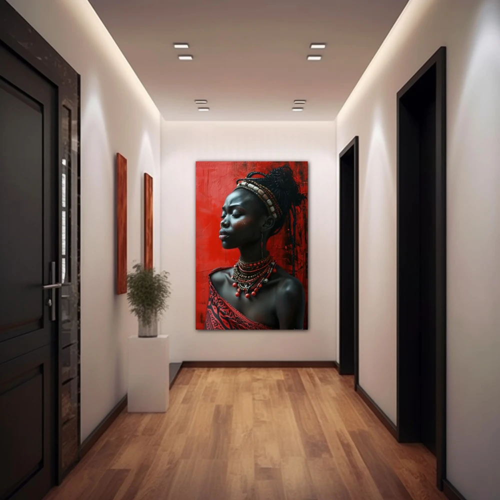 Cuadro espíritu de sankofa en formato vertical con colores negro, rojo; decorando pared de pasillo