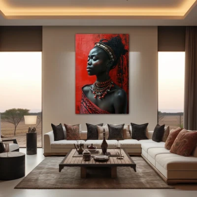 Wall Art titled: Spirit of Sankofa in a Vertical format with: Black, and Red Colors; Decoration the Living Room wall