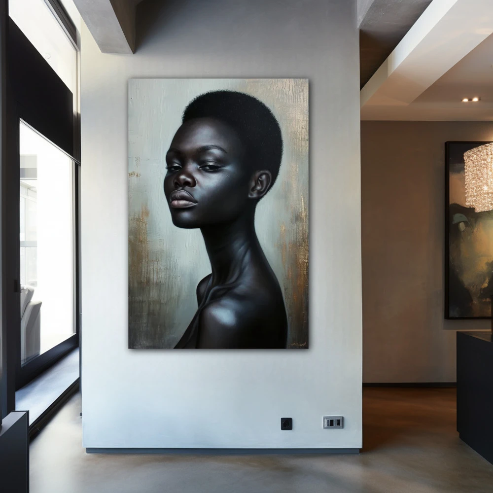 Wall Art titled: Kaya Kamara in a Vertical format with: Sky blue, and Black Colors; Decoration the Entryway wall