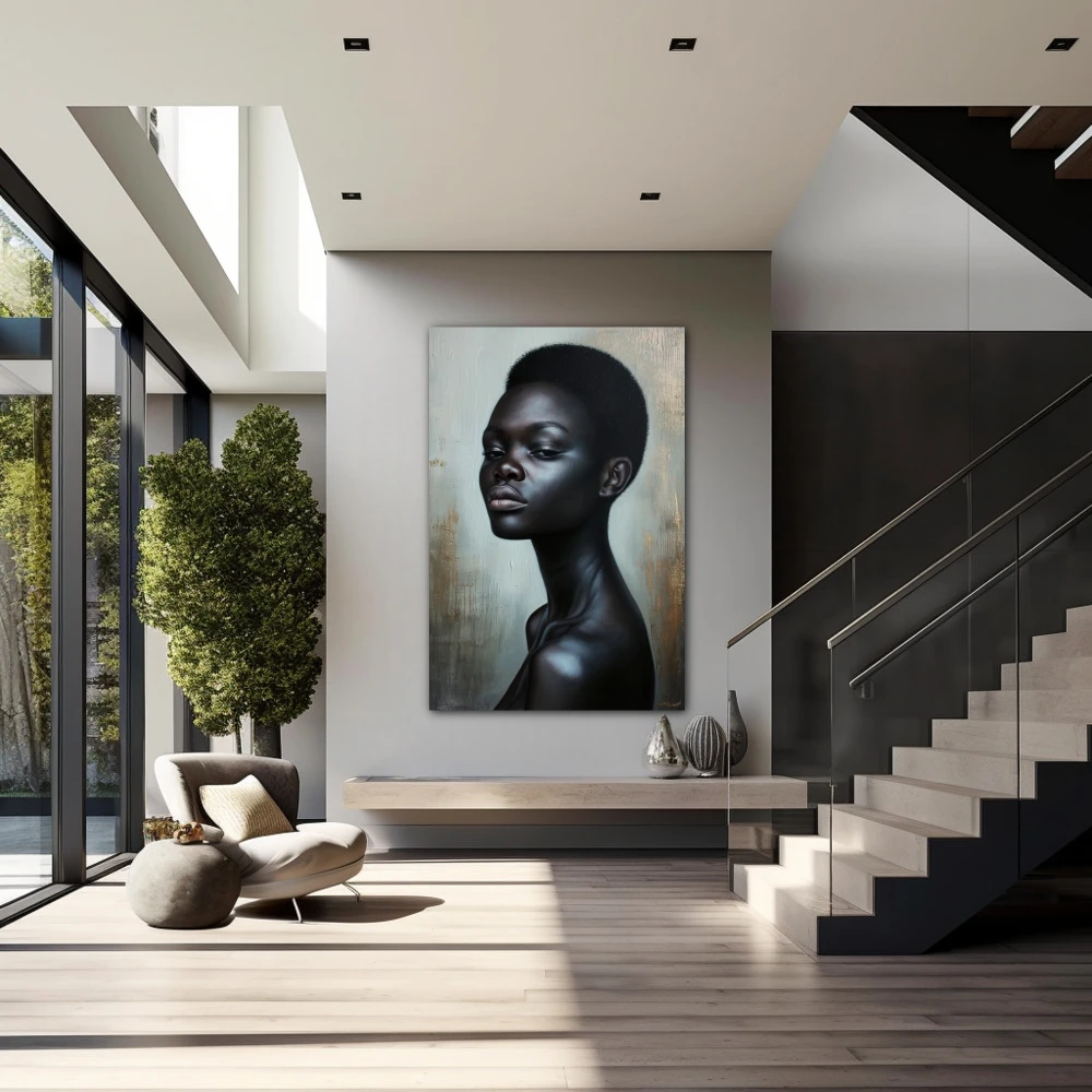 Wall Art titled: Kaya Kamara in a Vertical format with: Sky blue, and Black Colors; Decoration the Staircase wall
