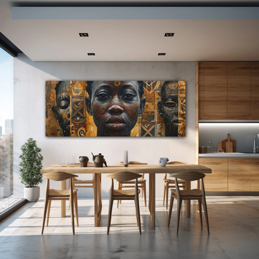 Wall Art titled: A Glimpse Through Time in a Elongated format with: Brown, Mustard, and Black Colors; Decoration the Kitchen wall