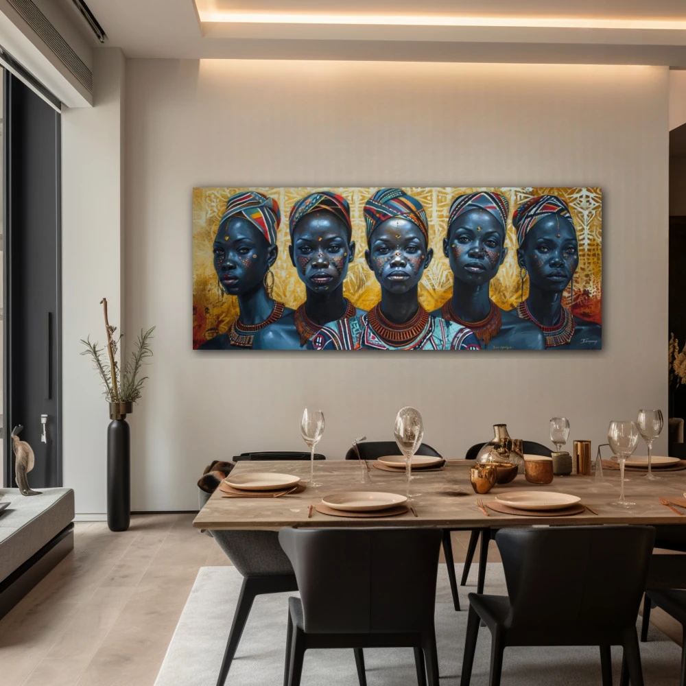 Wall Art titled: Eternal Tribal Gazes in a Elongated format with: Brown, Mustard, and Black Colors; Decoration the Living Room wall