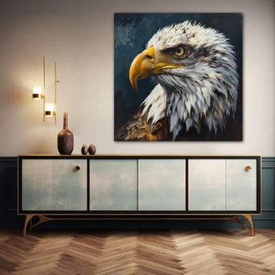 Wall Art titled: Untamed Spirit in a Square format with: Blue, white, and Mustard Colors; Decoration the Sideboard wall