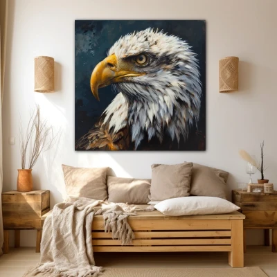 Wall Art titled: Untamed Spirit in a Square format with: Blue, white, and Mustard Colors; Decoration the Beige Wall wall