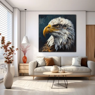 Wall Art titled: Untamed Spirit in a Square format with: Blue, white, and Mustard Colors; Decoration the White Wall wall
