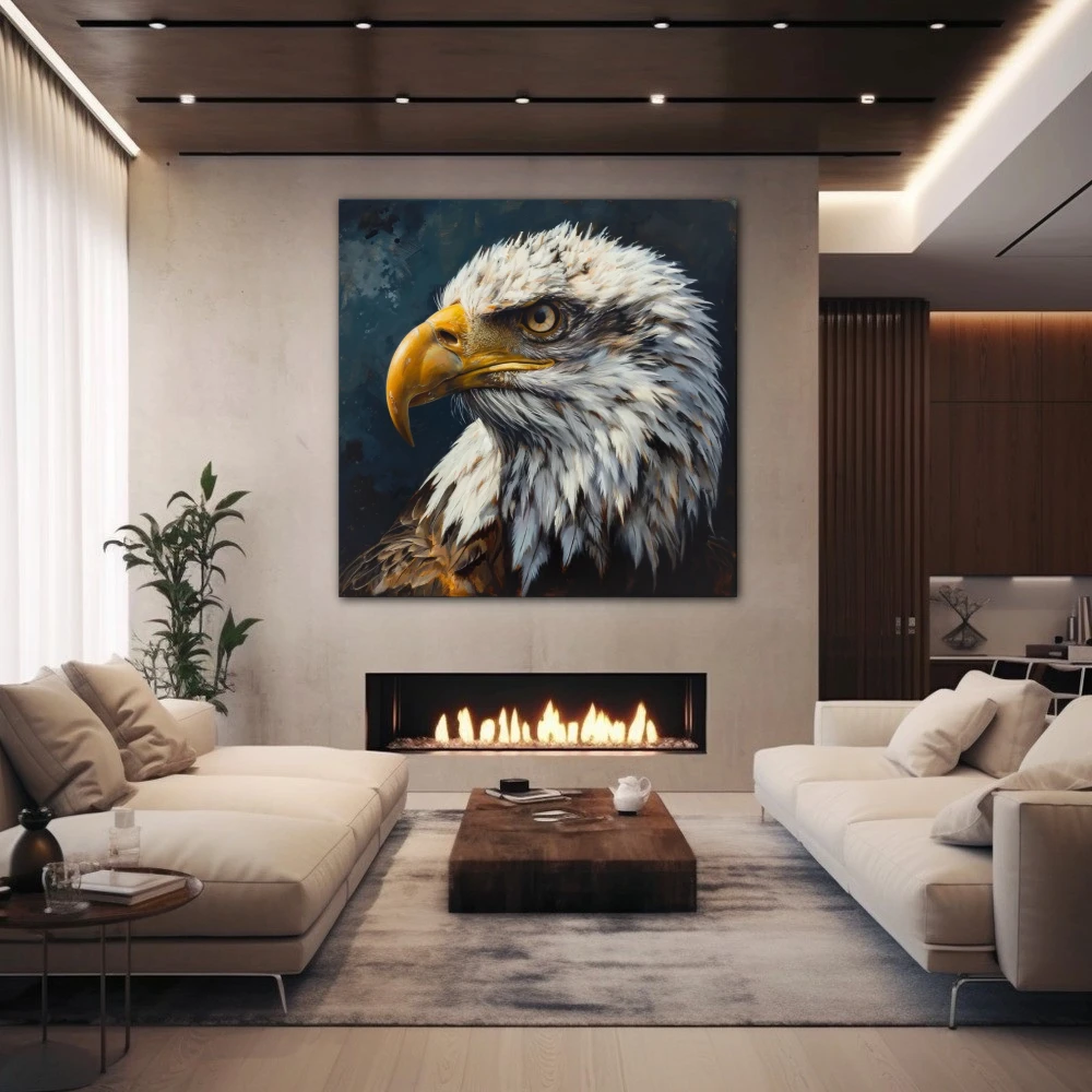 Wall Art titled: Untamed Spirit in a Square format with: Blue, white, and Mustard Colors; Decoration the Fireplace wall