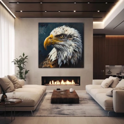 Wall Art titled: Untamed Spirit in a  format with: Blue, white, and Mustard Colors; Decoration the Fireplace wall