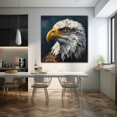 Wall Art titled: Untamed Spirit in a  format with: Blue, white, and Mustard Colors; Decoration the Kitchen wall