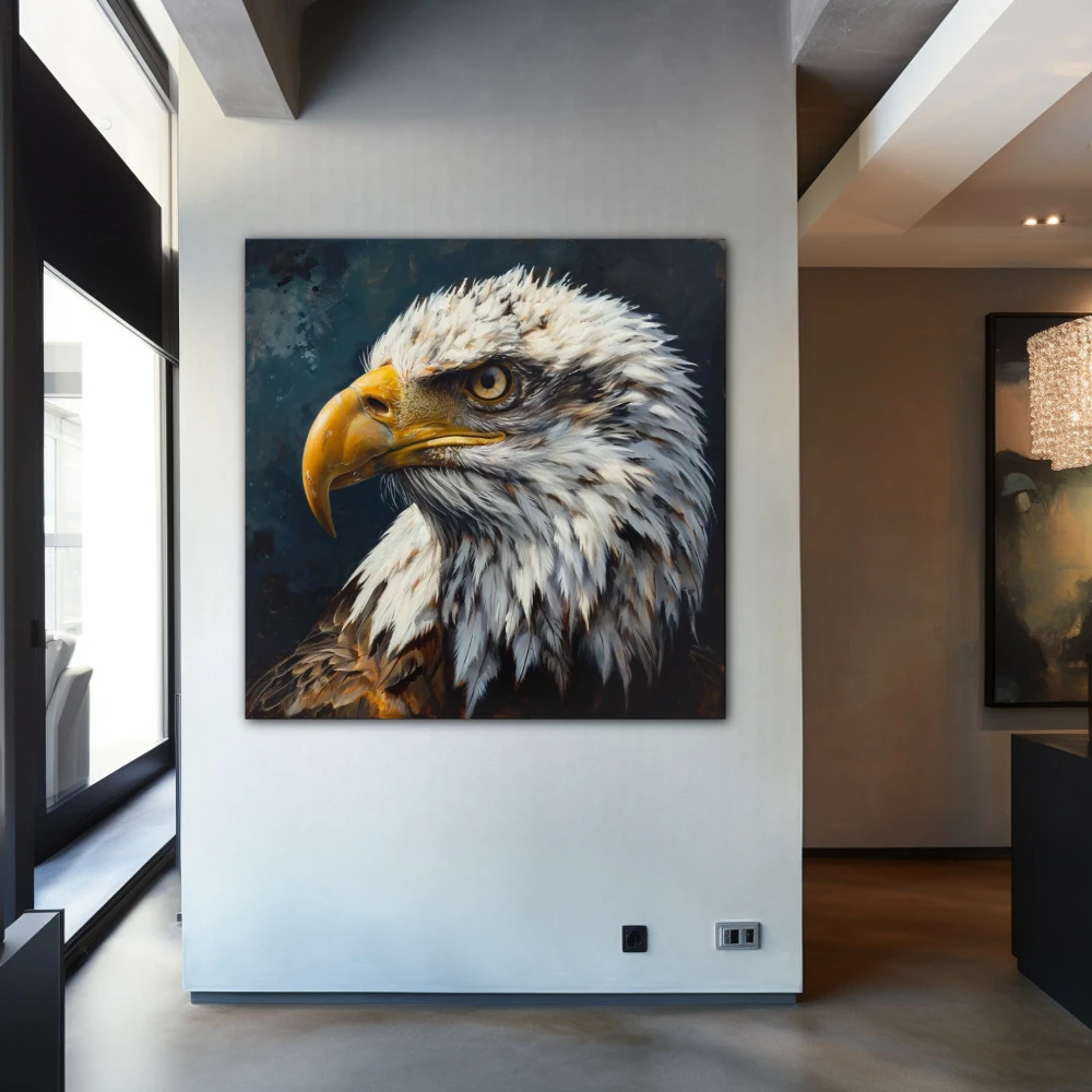 Wall Art titled: Untamed Spirit in a Square format with: Blue, white, and Mustard Colors; Decoration the Entryway wall