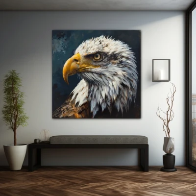 Wall Art titled: Untamed Spirit in a Square format with: Blue, white, and Mustard Colors; Decoration the Grey Walls wall