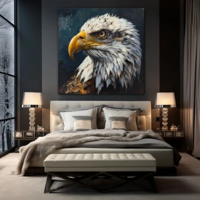 Wall Art titled: Untamed Spirit in a  format with: Blue, white, and Mustard Colors; Decoration the Bedroom wall