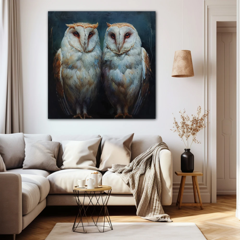 Wall Art titled: Guardians of the Twilight in a Square format with: Blue, white, and Grey Colors; Decoration the Beige Wall wall