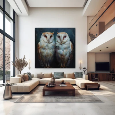Wall Art titled: Guardians of the Twilight in a Square format with: Blue, white, and Grey Colors; Decoration the Above Couch wall