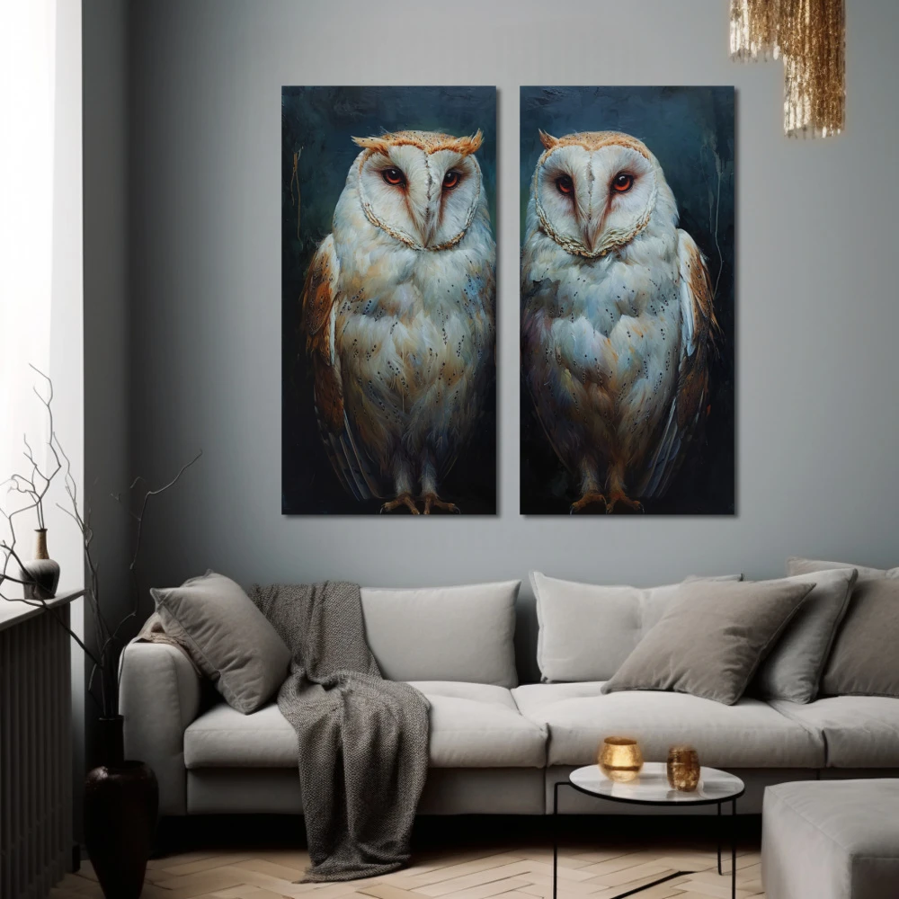 Wall Art titled: Guardians of the Twilight in a Square format with: Blue, white, and Grey Colors; Decoration the Grey Walls wall