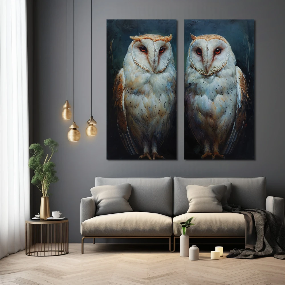 Wall Art titled: Guardians of the Twilight in a Square format with: Blue, white, and Grey Colors; Decoration the Grey Walls wall