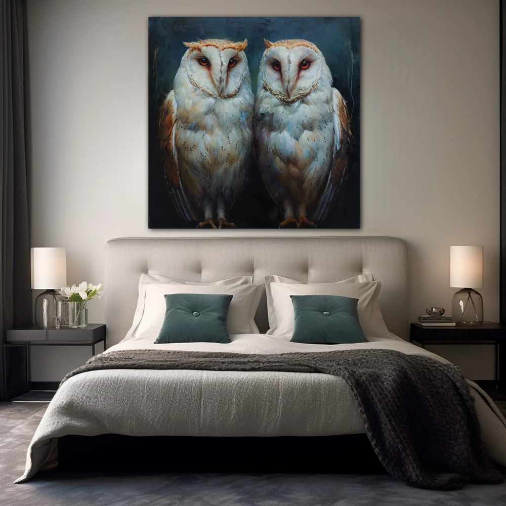 Cuadro guardianes del crepúsculo en formato cuadrado con colores azul, blanco, gris; decorando pared de habitación dormitorio