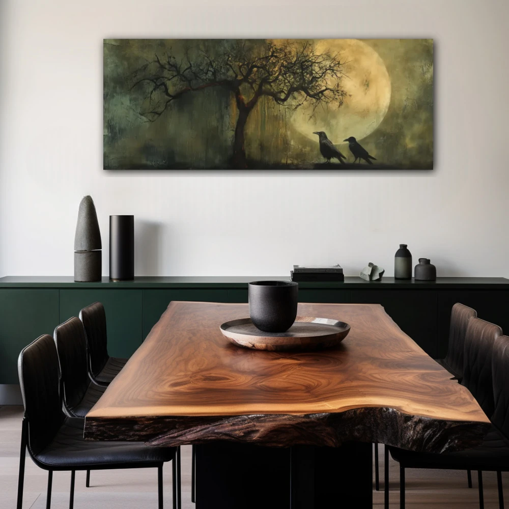 Wall Art titled: Midnight Guardians in a Elongated format with: white, Brown, and Green Colors; Decoration the Living Room wall