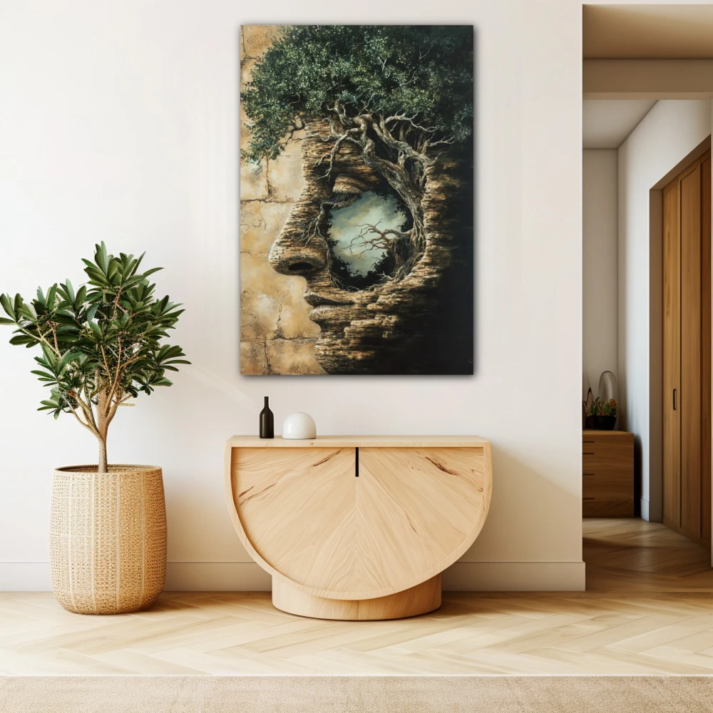 Wall Art titled: Roots of Being in a Vertical format with: Brown, Green, and Beige Colors; Decoration the Beige Wall wall