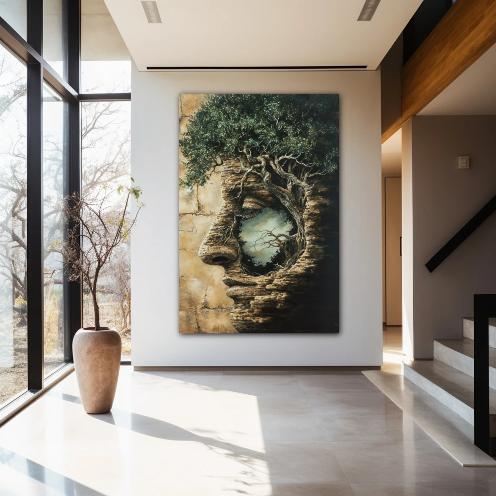 Wall Art titled: Roots of Being in a Vertical format with: Brown, Green, and Beige Colors; Decoration the Entryway wall