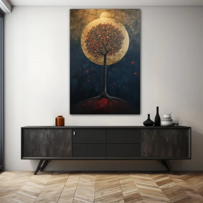 Wall Art titled: Oasis of Nocturnal Dreams in a  format with: Golden, Black, and Red Colors; Decoration the Sideboard wall