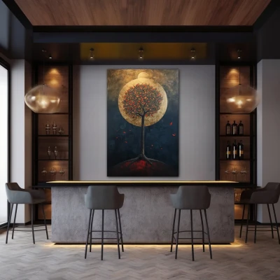 Wall Art titled: Oasis of Nocturnal Dreams in a  format with: Golden, Black, and Red Colors; Decoration the Bar wall