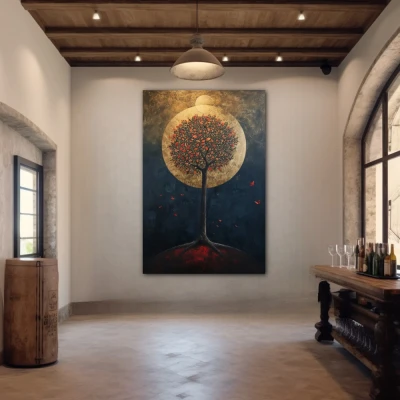 Wall Art titled: Oasis of Nocturnal Dreams in a Vertical format with: Golden, Black, and Red Colors; Decoration the Winery wall
