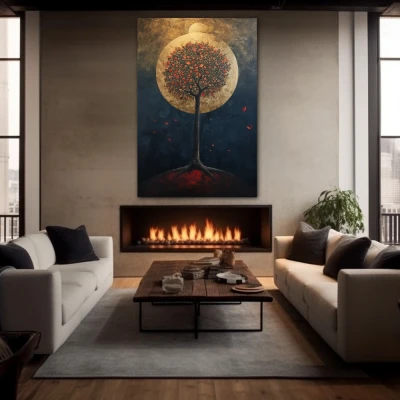 Wall Art titled: Oasis of Nocturnal Dreams in a Vertical format with: Golden, Black, and Red Colors; Decoration the Fireplace wall