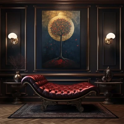 Cuadro Oasis de Sueños Nocturnos en formato vertical con colores Dorado, Negro, Rojo; Decorando pared de Encima del Sofá