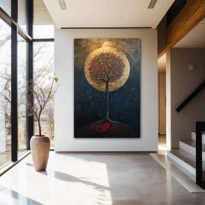 Wall Art titled: Oasis of Nocturnal Dreams in a  format with: Golden, Black, and Red Colors; Decoration the Entryway wall