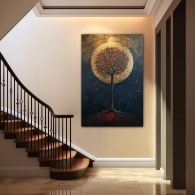 Wall Art titled: Oasis of Nocturnal Dreams in a  format with: Golden, Black, and Red Colors; Decoration the Staircase wall