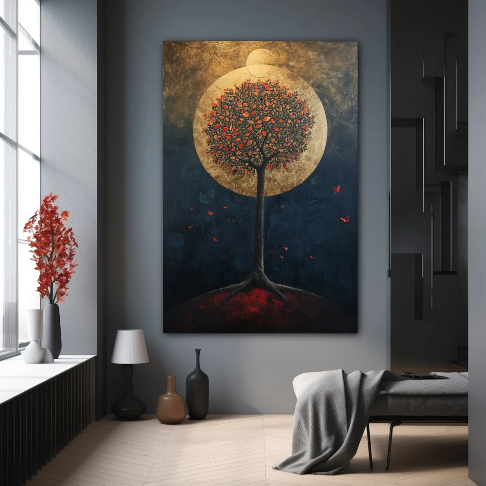 Wall Art titled: Oasis of Nocturnal Dreams in a Vertical format with: Golden, Black, and Red Colors; Decoration the Grey Walls wall