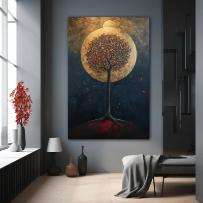 Wall Art titled: Oasis of Nocturnal Dreams in a  format with: Golden, Black, and Red Colors; Decoration the Grey Walls wall