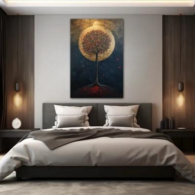 Wall Art titled: Oasis of Nocturnal Dreams in a  format with: Golden, Black, and Red Colors; Decoration the Bedroom wall