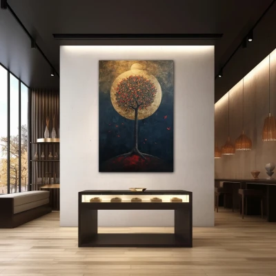 Wall Art titled: Oasis of Nocturnal Dreams in a Vertical format with: Golden, Black, and Red Colors; Decoration the Jewellery wall