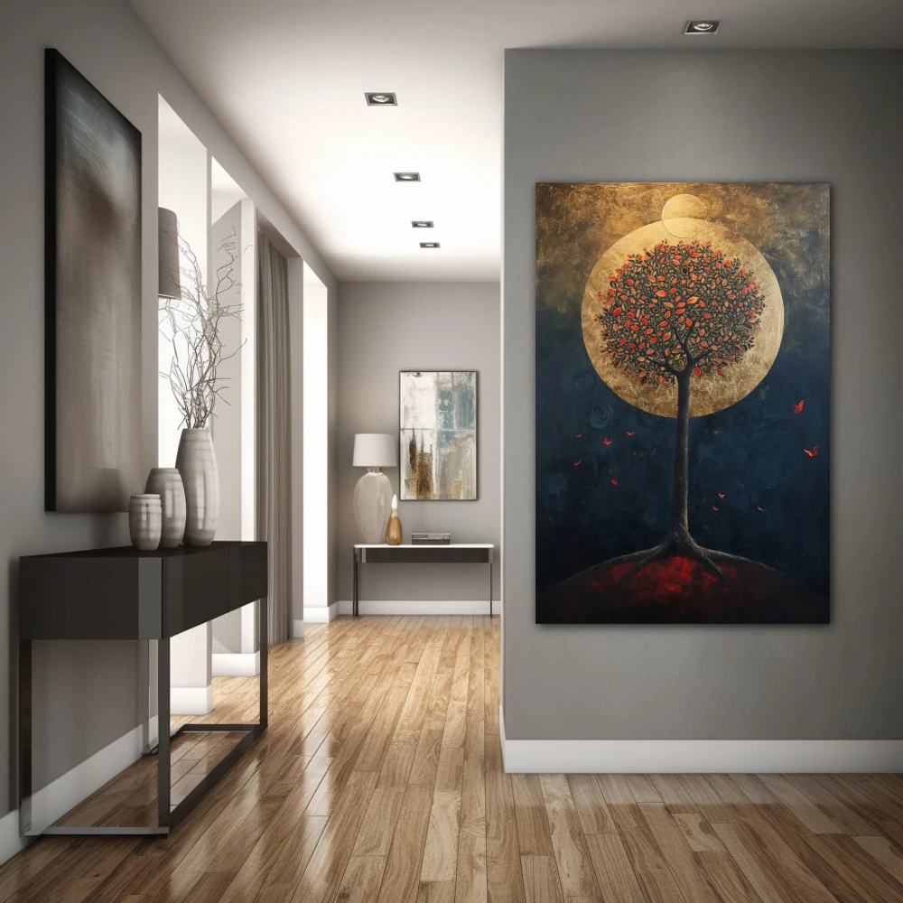 Wall Art titled: Oasis of Nocturnal Dreams in a Vertical format with: Golden, Black, and Red Colors; Decoration the Hallway wall
