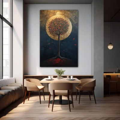 Wall Art titled: Oasis of Nocturnal Dreams in a  format with: Golden, Black, and Red Colors; Decoration the Restaurant wall