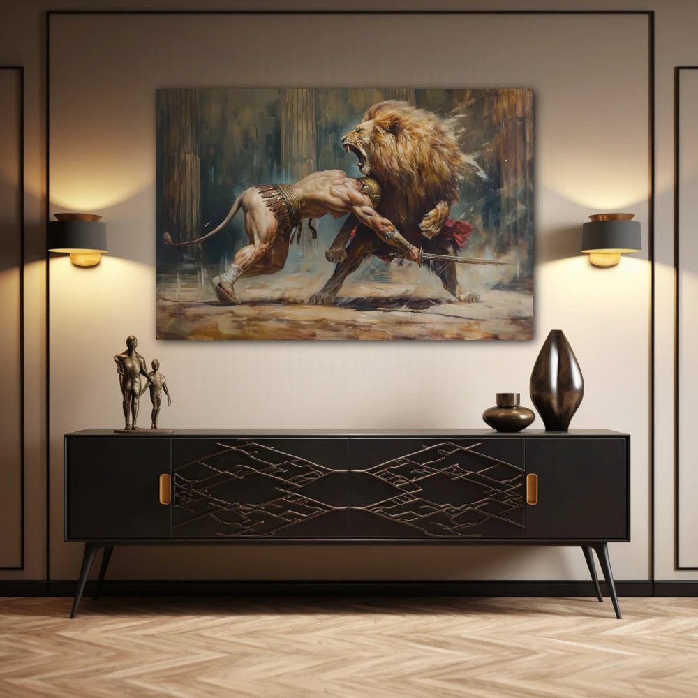 Wall Art titled: The Roar of Courage in a Horizontal format with: Golden, Brown, and Beige Colors; Decoration the Sideboard wall