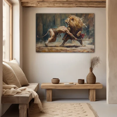 Wall Art titled: The Roar of Courage in a Horizontal format with: Golden, Brown, and Beige Colors; Decoration the Beige Wall wall