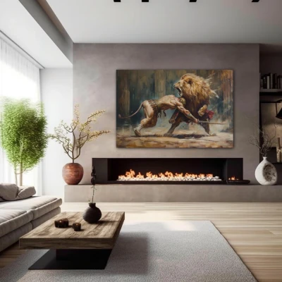 Wall Art titled: The Roar of Courage in a Horizontal format with: Golden, Brown, and Beige Colors; Decoration the Fireplace wall